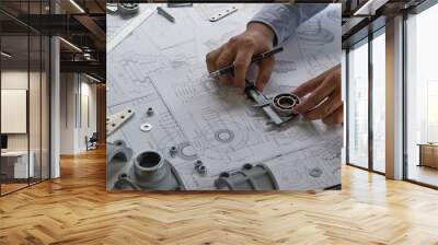 engineer technician designing drawings mechanical parts engineering engine.manufacturing factory ind Wall mural